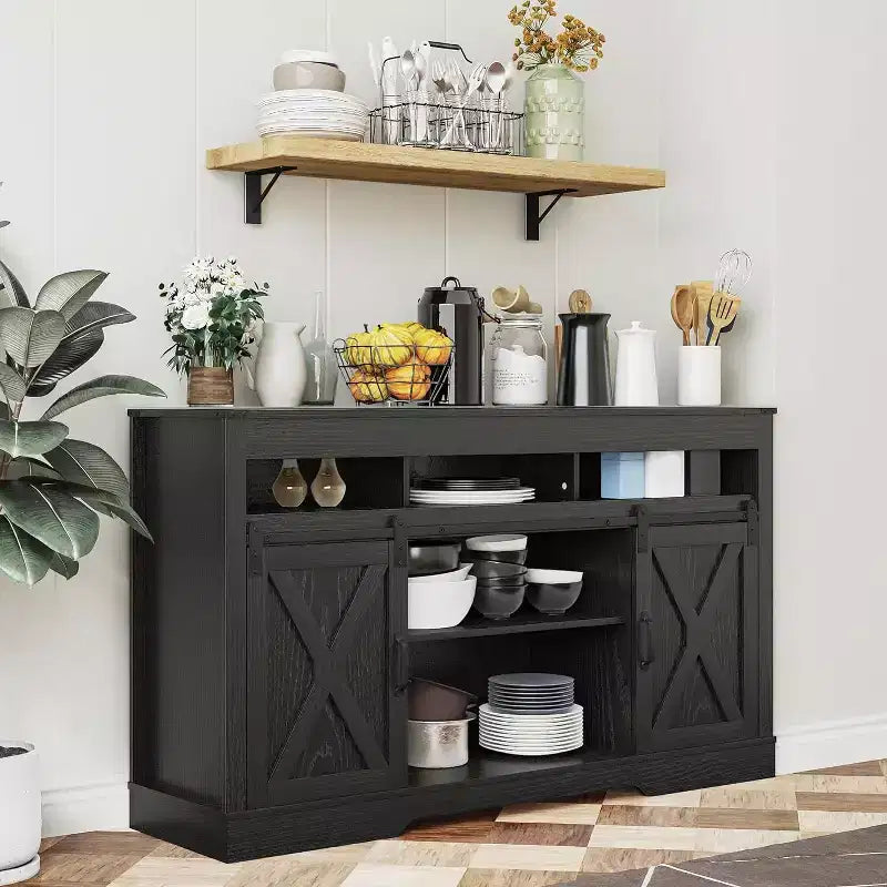 Meuble TV de style rustique avec porte de grange coulissante pour téléviseurs jusqu'à 65''+, meuble de divertissement de 86 cm de haut pour chambre, salon