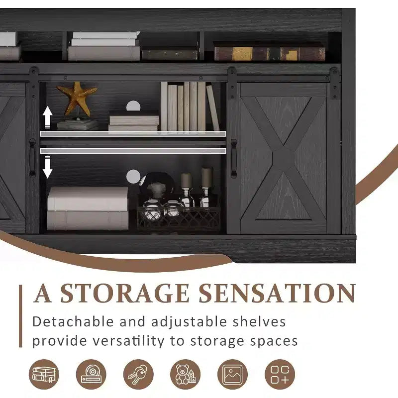 Meuble TV de style rustique avec porte de grange coulissante pour téléviseurs jusqu'à 65''+, meuble de divertissement de 86 cm de haut pour chambre, salon