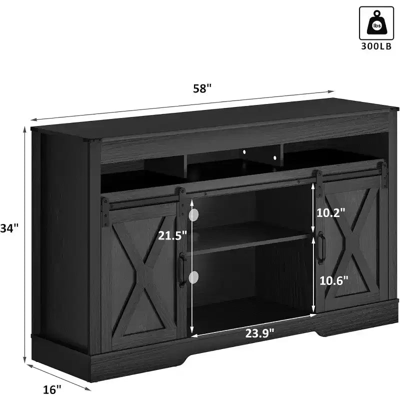 Meuble TV de style rustique avec porte de grange coulissante pour téléviseurs jusqu'à 65''+, meuble de divertissement de 86 cm de haut pour chambre, salon