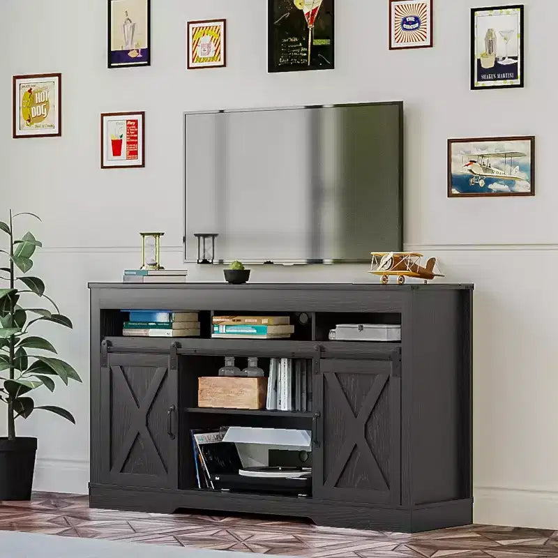 Meuble TV de style rustique avec porte de grange coulissante pour téléviseurs jusqu'à 65''+, meuble de divertissement de 86 cm de haut pour chambre, salon