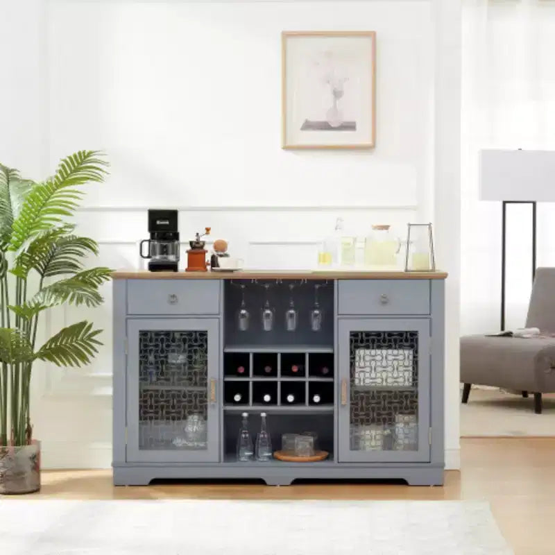 Modern Farmhouse Buffet Cabinet, Sideboard with 2 Drawers and Elegant Glass Door Cabinets, Wine and Glass Rack, Coffee Bar for Kitchen