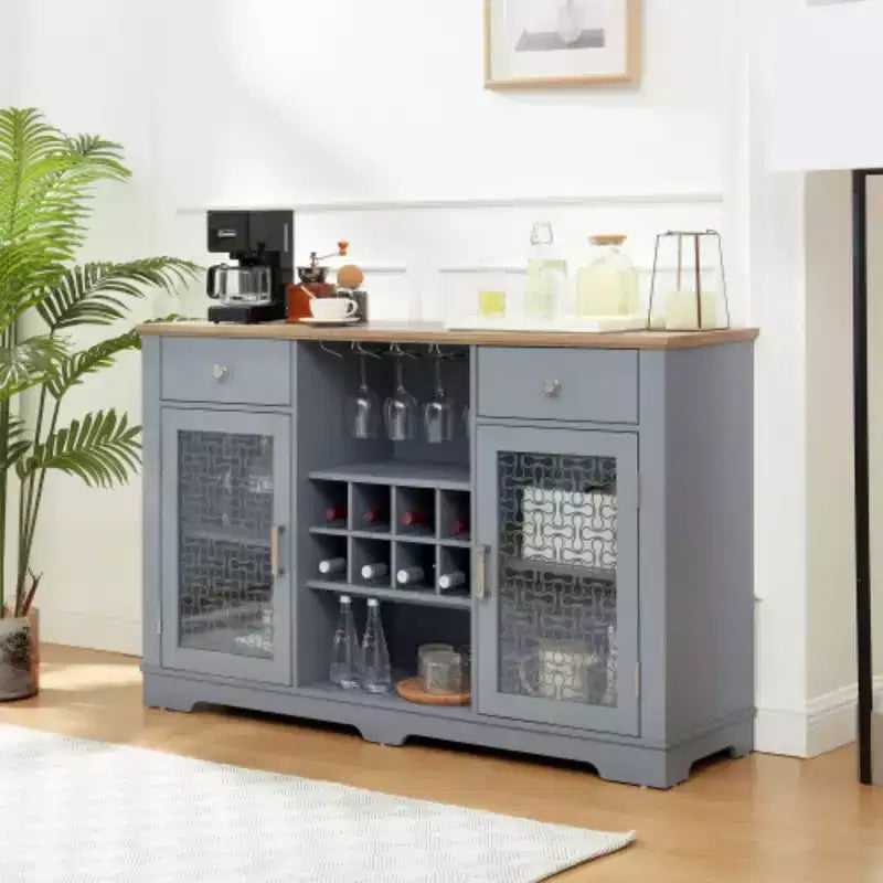 Buffet de ferme moderne, bahut avec 2 tiroirs et élégantes armoires vitrées, casier à vin et verres, bar à café pour cuisine