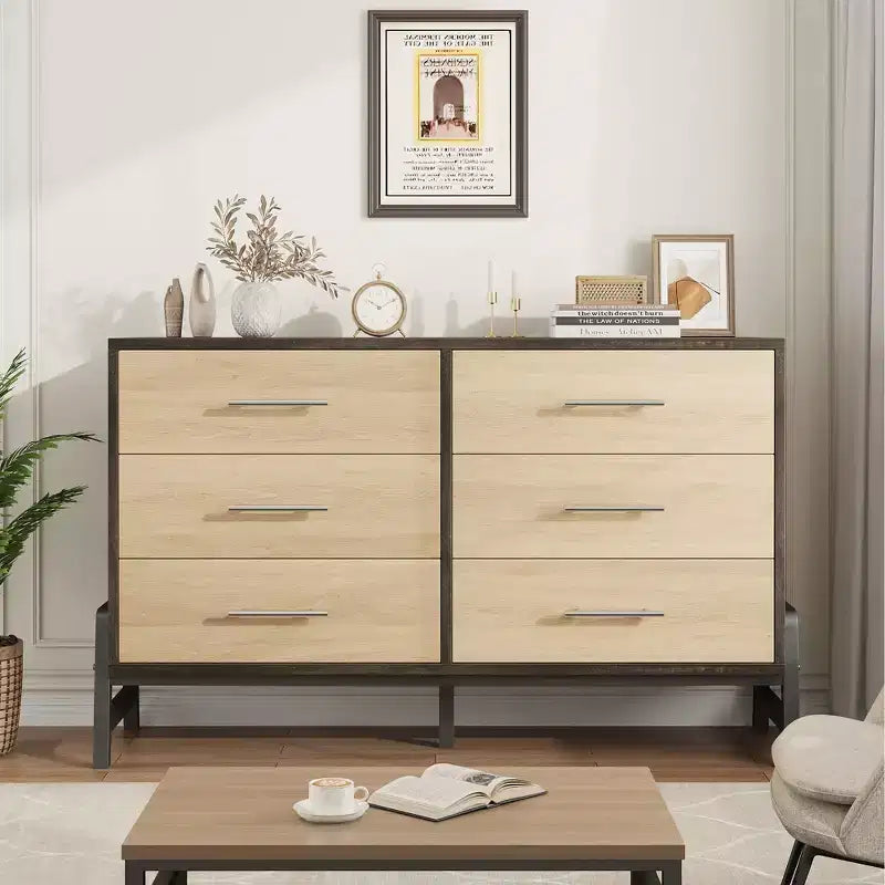 6 commodes de chambre, commode de 132 cm de large, commode à tiroirs large avec rangement autoportante, commode de rangement en bois pour chambre à coucher