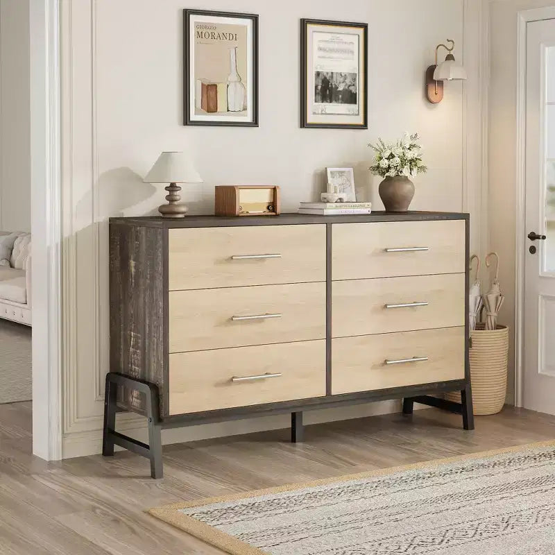6 commodes de chambre, commode de 132 cm de large, commode à tiroirs large avec rangement autoportante, commode de rangement en bois pour chambre à coucher