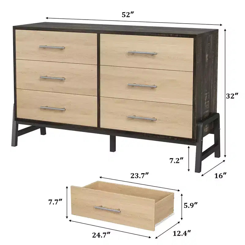 6 commodes de chambre, commode de 132 cm de large, commode à tiroirs large avec rangement autoportante, commode de rangement en bois pour chambre à coucher