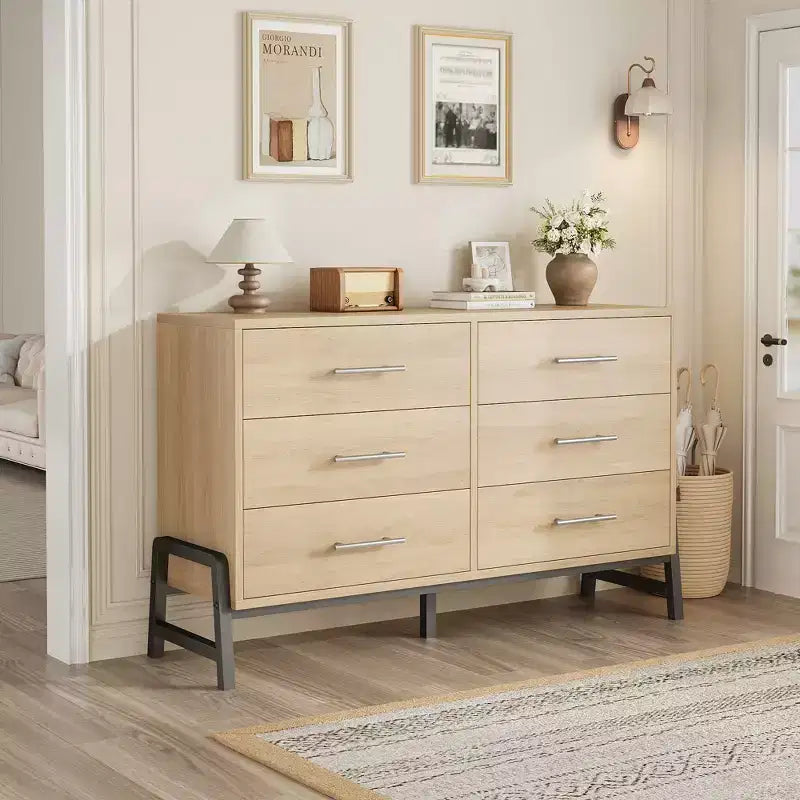 6 commodes de chambre, commode de 132 cm de large, commode à tiroirs large avec rangement autoportante, commode de rangement en bois pour chambre à coucher