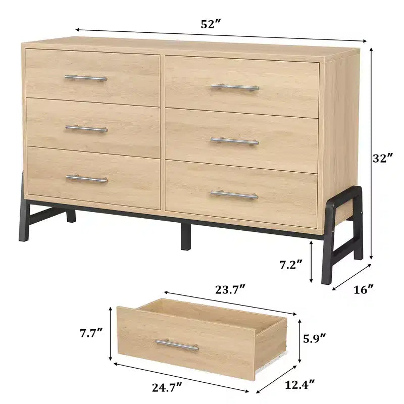 6 commodes de chambre, commode de 132 cm de large, commode à tiroirs large avec rangement autoportante, commode de rangement en bois pour chambre à coucher