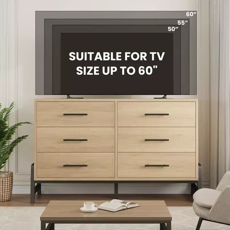 6 commodes de chambre, commode de 132 cm de large, commode à tiroirs large avec rangement autoportante, commode de rangement en bois pour chambre à coucher