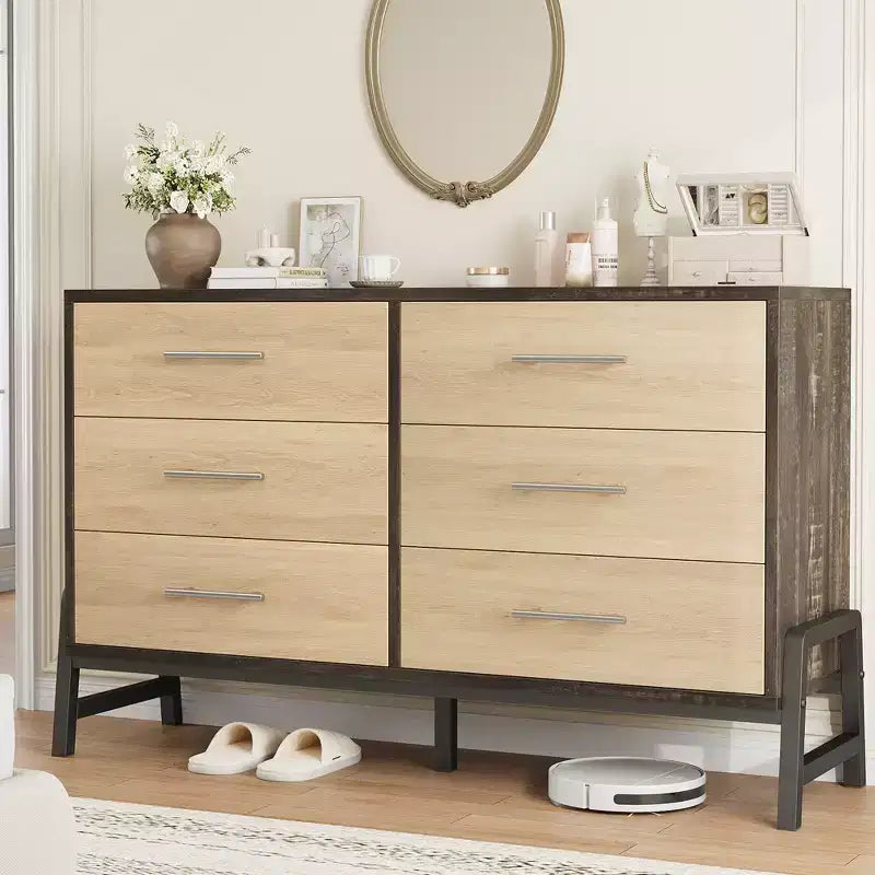 6 commodes de chambre, commode de 132 cm de large, commode à tiroirs large avec rangement autoportante, commode de rangement en bois pour chambre à coucher