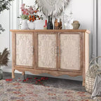 Meuble d'appoint rustique avec 3 portes sculptées, buffet d'appoint vintage avec étagères