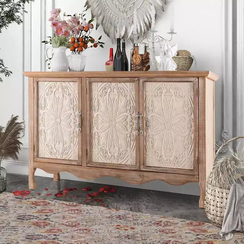 Meuble d'appoint rustique avec 3 portes sculptées, buffet d'appoint vintage avec étagères