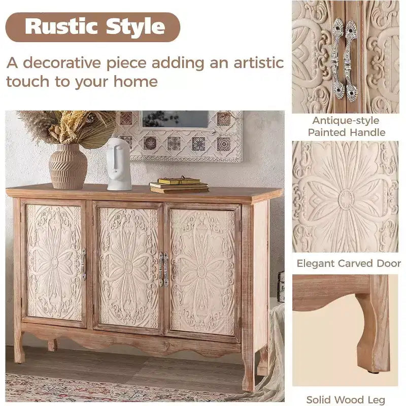 Meuble d'appoint rustique avec 3 portes sculptées, buffet d'appoint vintage avec étagères