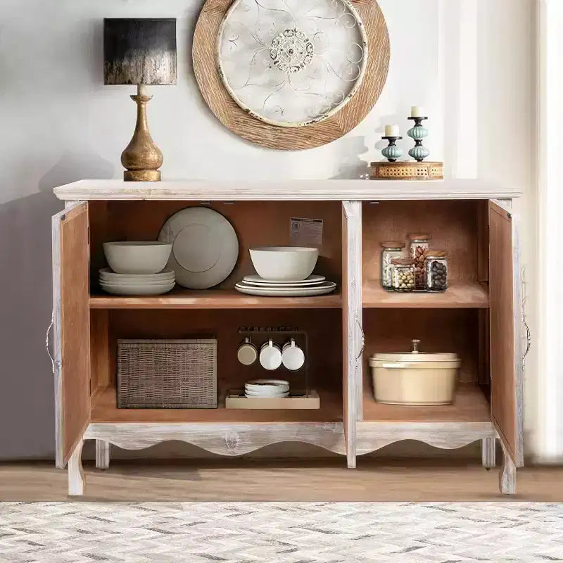 Meuble d'appoint rustique avec 3 portes sculptées, buffet d'appoint vintage avec étagères