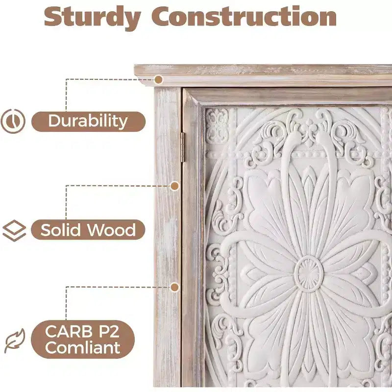 Meuble d'appoint rustique avec 3 portes sculptées, buffet d'appoint vintage avec étagères