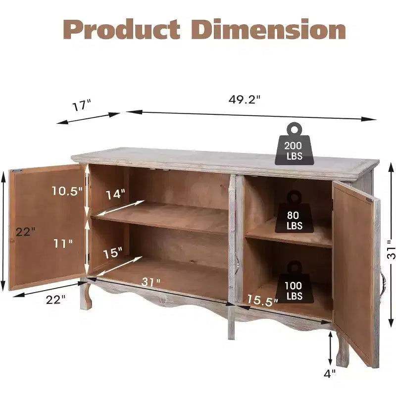 Meuble d'appoint rustique avec 3 portes sculptées, buffet d'appoint vintage avec étagères