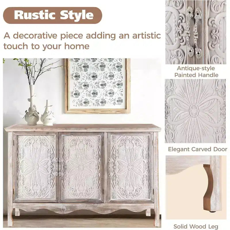 Meuble d'appoint rustique avec 3 portes sculptées, buffet d'appoint vintage avec étagères
