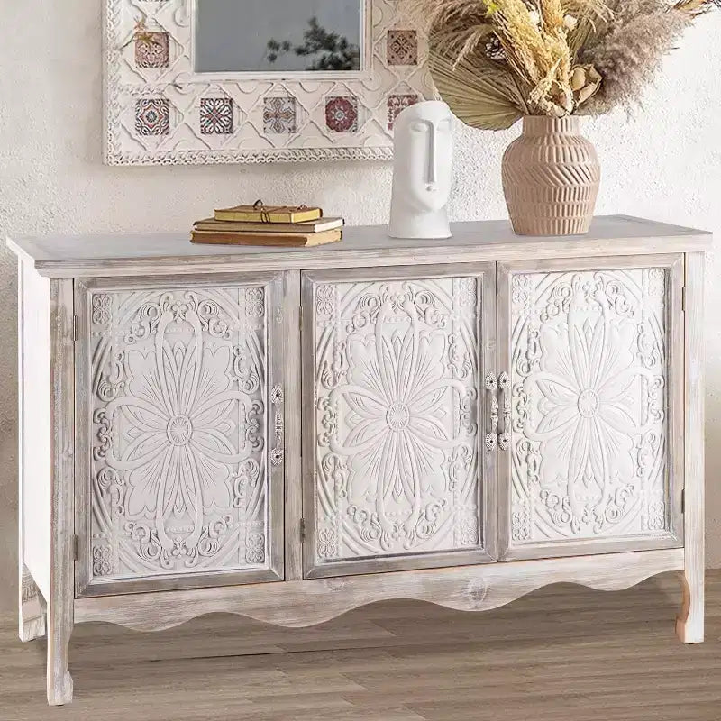 Heynemo Accent Cabinet Rustic Storage Cabinet with 3 Carved Doors, Vintage Sideboard Buffet Cabinet with Shelves