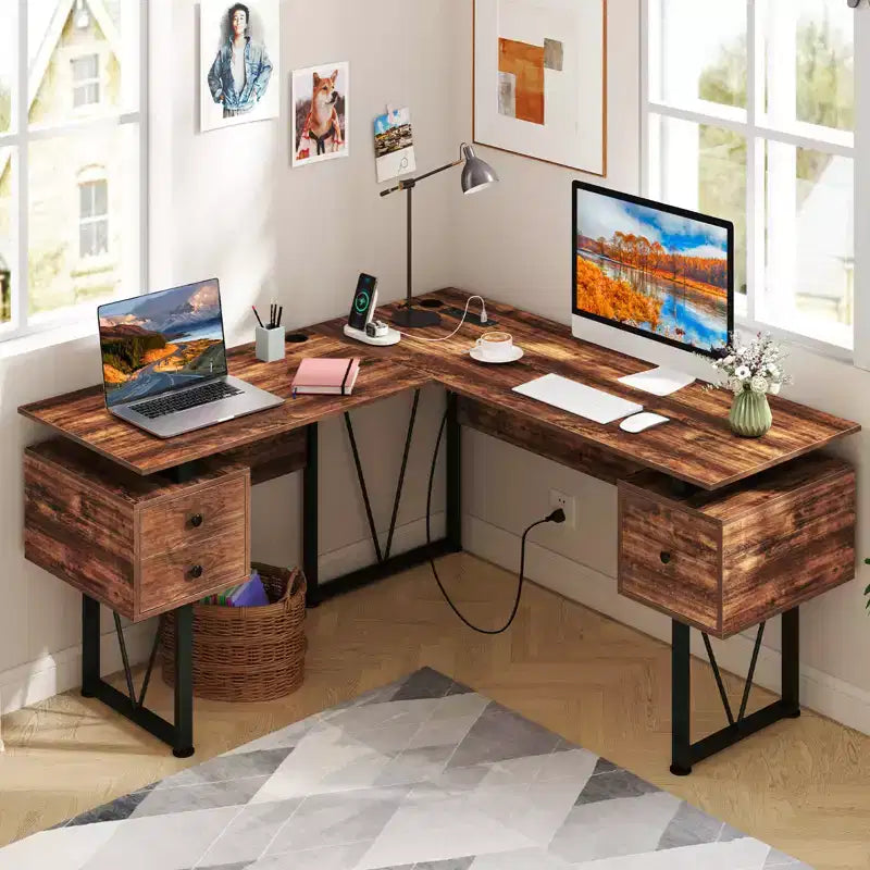 Costway 59 L-shaped Computer Desk with Power Outlets and 3 Storage Drawers Industrial Computer Workstation with Heavy-duty Metal Frame Rustic Brown