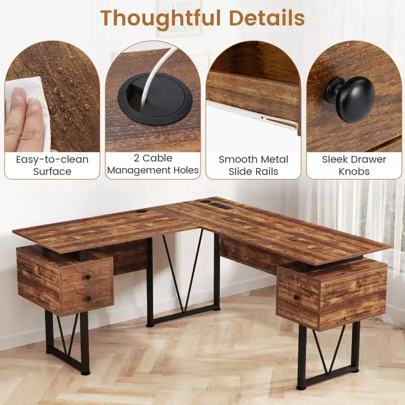 Bureau d'ordinateur en L de 150 cm avec prises électriques et 3 tiroirs de rangement, poste de travail informatique industriel avec cadre en métal robuste, marron rustique