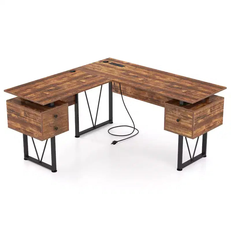 Bureau d'ordinateur en L de 150 cm avec prises électriques et 3 tiroirs de rangement, poste de travail informatique industriel avec cadre en métal robuste, marron rustique