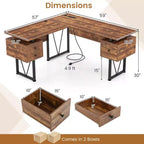 Bureau d'ordinateur en L de 150 cm avec prises électriques et 3 tiroirs de rangement, poste de travail informatique industriel avec cadre en métal robuste, marron rustique