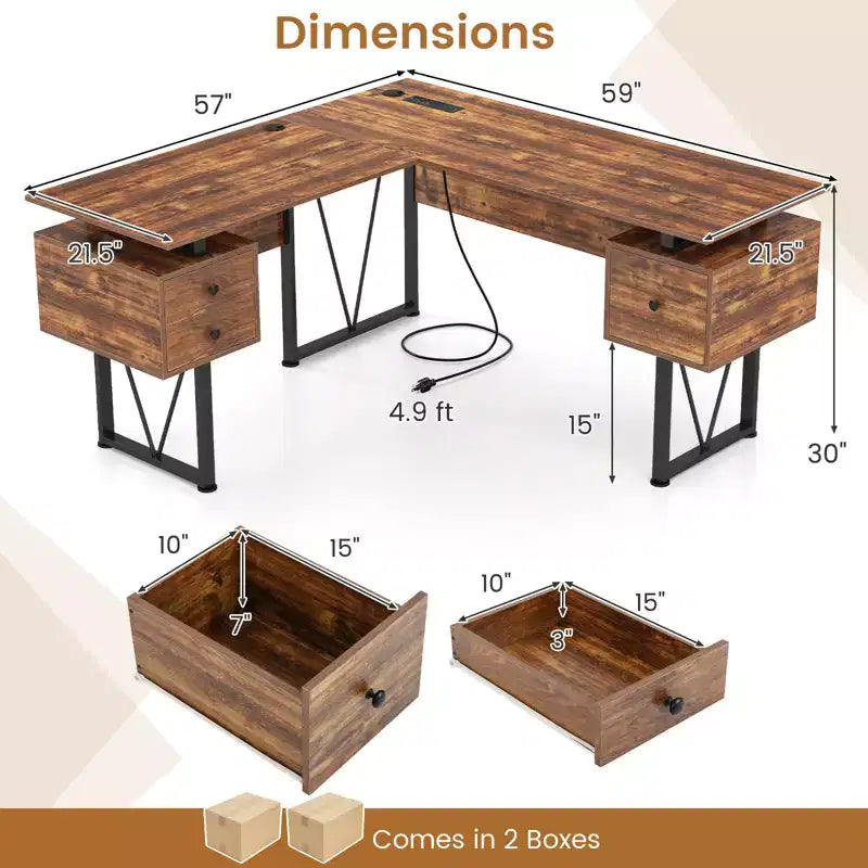 Bureau d'ordinateur en L de 150 cm avec prises électriques et 3 tiroirs de rangement, poste de travail informatique industriel avec cadre en métal robuste, marron rustique