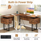 Bureau d'ordinateur en L de 150 cm avec prises électriques et 3 tiroirs de rangement, poste de travail informatique industriel avec cadre en métal robuste, marron rustique