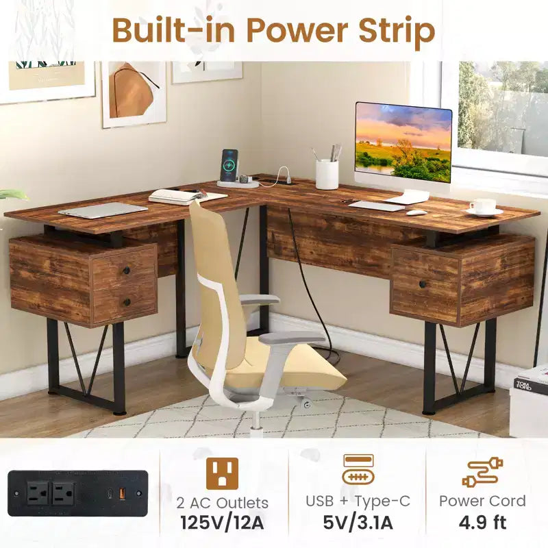 Bureau d'ordinateur en L de 150 cm avec prises électriques et 3 tiroirs de rangement, poste de travail informatique industriel avec cadre en métal robuste, marron rustique