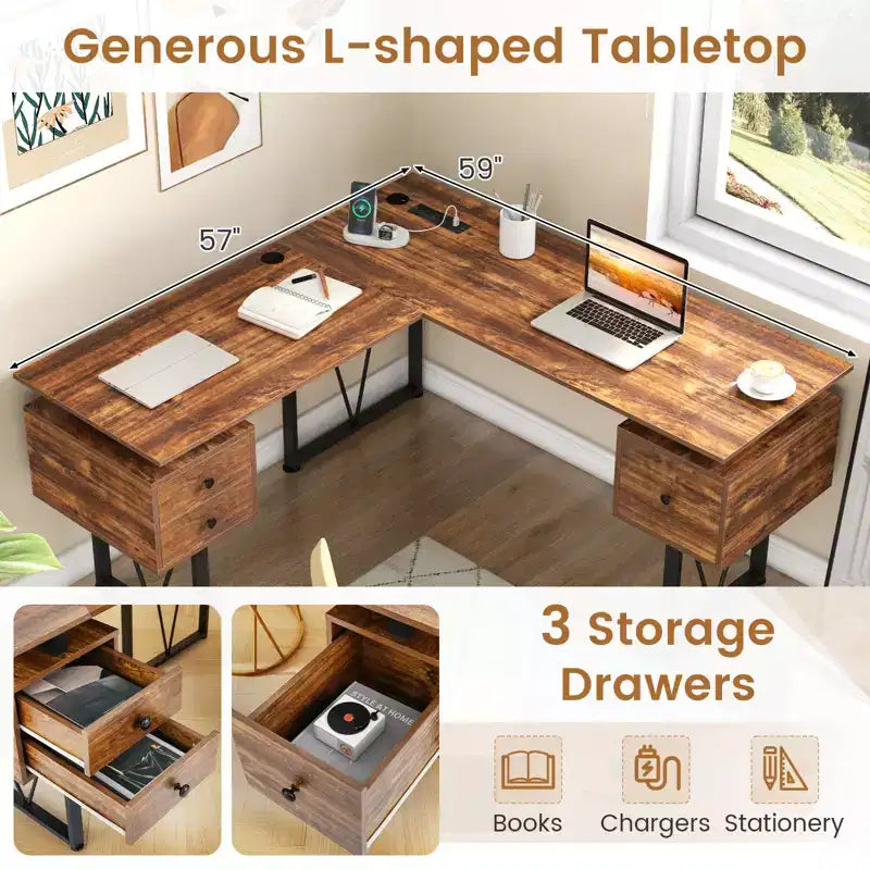 Bureau d'ordinateur en L de 150 cm avec prises électriques et 3 tiroirs de rangement, poste de travail informatique industriel avec cadre en métal robuste, marron rustique