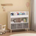 Kids Front-Facing Bookshelf with 3 Fabric Bins, 4-Tier Book Display and Toy Storage Organizer for Playroom, White/Gray