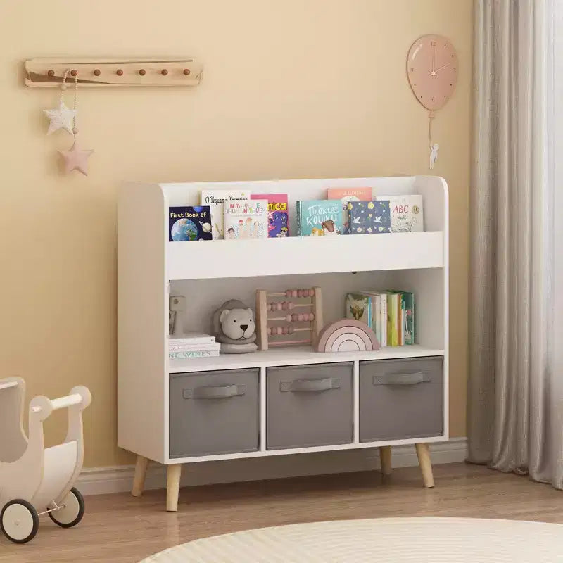 Kids Front-Facing Bookshelf with 3 Fabric Bins, 4-Tier Book Display and Toy Storage Organizer for Playroom, White/Gray