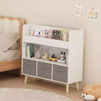 Étagère à livres pour enfants avec 3 bacs en tissu, présentoir à livres à 4 niveaux et organisateur de jouets pour salle de jeux, blanc/gris