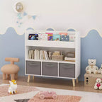 Étagère à livres pour enfants avec 3 bacs en tissu, présentoir à livres à 4 niveaux et organisateur de jouets pour salle de jeux, blanc/gris