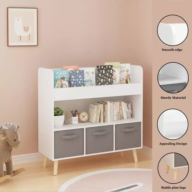 Étagère à livres pour enfants avec 3 bacs en tissu, présentoir à livres à 4 niveaux et organisateur de jouets pour salle de jeux, blanc/gris