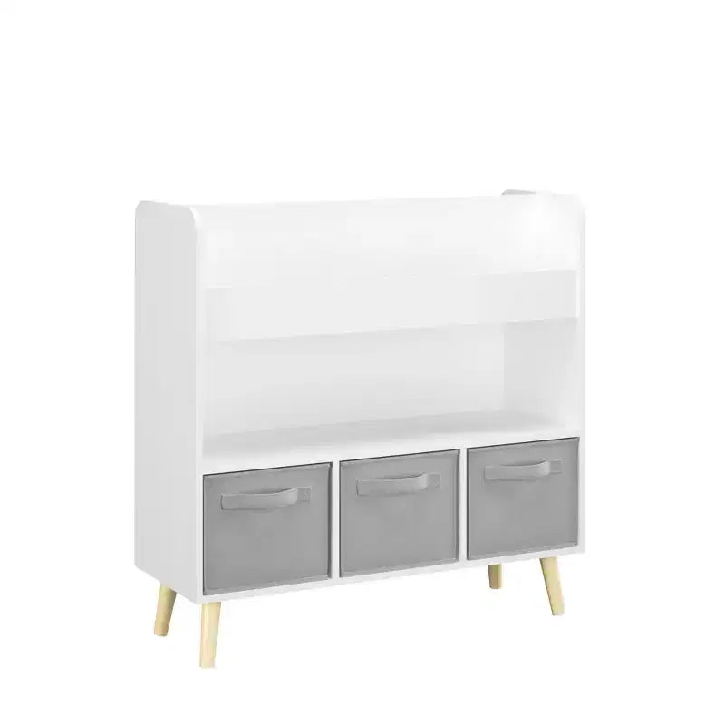 Étagère à livres pour enfants avec 3 bacs en tissu, présentoir à livres à 4 niveaux et organisateur de jouets pour salle de jeux, blanc/gris