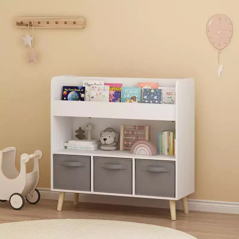 Étagère à livres pour enfants avec 3 bacs en tissu, présentoir à livres à 4 niveaux et organisateur de jouets pour salle de jeux, blanc/gris