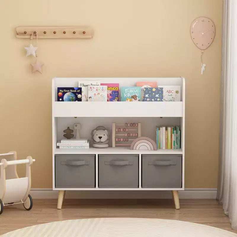 Étagère à livres pour enfants avec 3 bacs en tissu, présentoir à livres à 4 niveaux et organisateur de jouets pour salle de jeux, blanc/gris