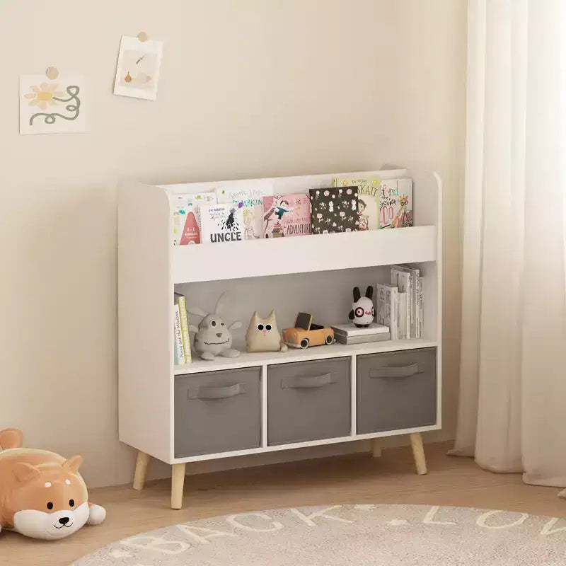 Étagère à livres pour enfants avec 3 bacs en tissu, présentoir à livres à 4 niveaux et organisateur de jouets pour salle de jeux, blanc/gris