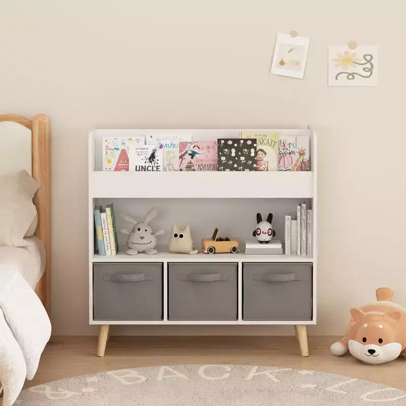 Étagère à livres pour enfants avec 3 bacs en tissu, présentoir à livres à 4 niveaux et organisateur de jouets pour salle de jeux, blanc/gris