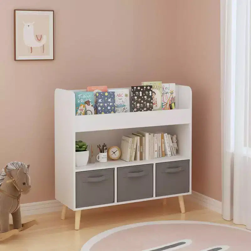 Étagère à livres pour enfants avec 3 bacs en tissu, présentoir à livres à 4 niveaux et organisateur de jouets pour salle de jeux, blanc/gris
