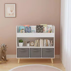 Étagère à livres pour enfants avec 3 bacs en tissu, présentoir à livres à 4 niveaux et organisateur de jouets pour salle de jeux, blanc/gris