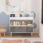 Étagère à livres pour enfants avec 3 bacs en tissu, présentoir à livres à 4 niveaux et organisateur de jouets pour salle de jeux, blanc/gris