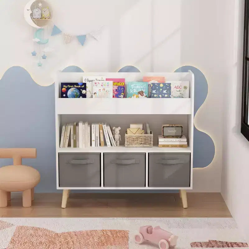 Étagère à livres pour enfants avec 3 bacs en tissu, présentoir à livres à 4 niveaux et organisateur de jouets pour salle de jeux, blanc/gris