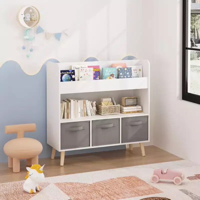 Étagère à livres pour enfants avec 3 bacs en tissu, présentoir à livres à 4 niveaux et organisateur de jouets pour salle de jeux, blanc/gris