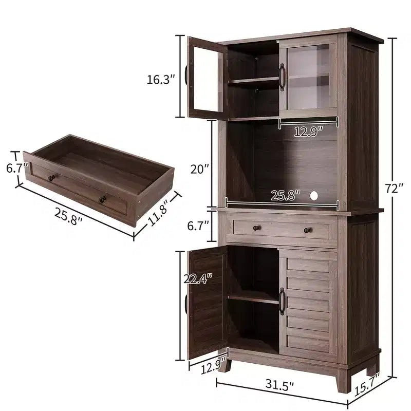 72 Meuble de cuisine et de bar avec support pour micro-ondes - Grande huche avec portes vitrées et tiroirs pour salon, salle à manger