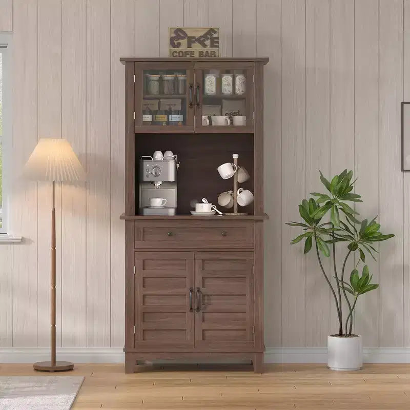 72 Meuble de cuisine et de bar avec support pour micro-ondes - Grande huche avec portes vitrées et tiroirs pour salon, salle à manger