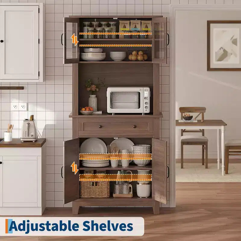 72 Meuble de cuisine et de bar avec support pour micro-ondes - Grande huche avec portes vitrées et tiroirs pour salon, salle à manger
