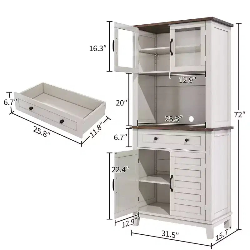 72 Meuble de cuisine et de bar avec support pour micro-ondes - Grande huche avec portes vitrées et tiroirs pour salon, salle à manger
