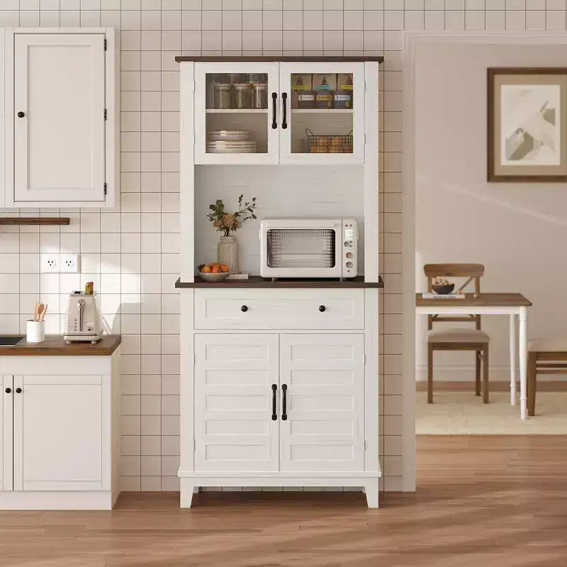 72 Meuble de cuisine et de bar avec support pour micro-ondes - Grande huche avec portes vitrées et tiroirs pour salon, salle à manger