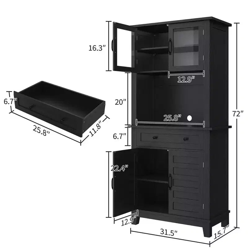72 Meuble de cuisine et de bar avec support pour micro-ondes - Grande huche avec portes vitrées et tiroirs pour salon, salle à manger